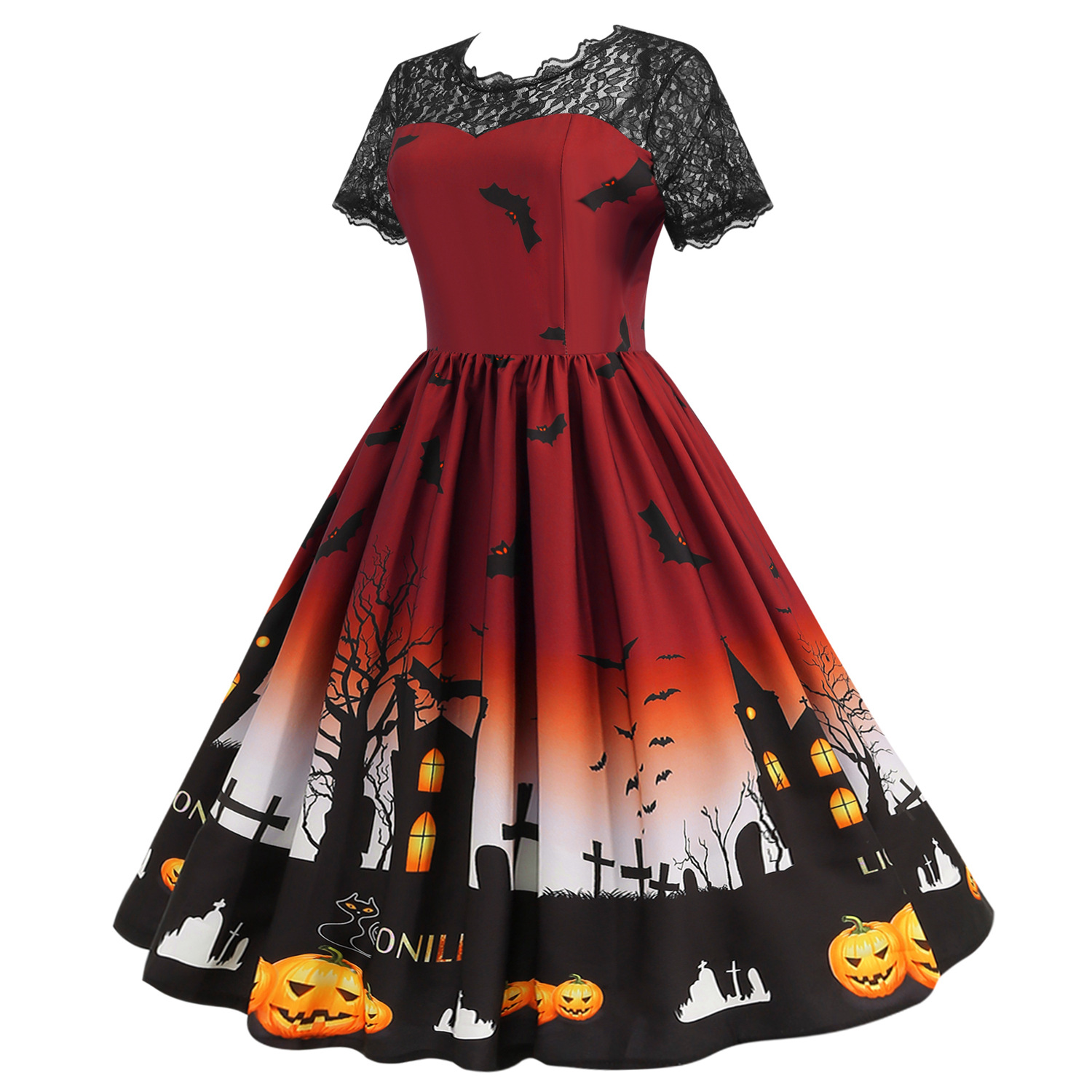 Womens Retro Lace round Neck Short-Sleeved Printed Maxi Dress for Cosplay Party